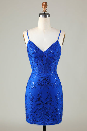 Lentejuelas Azul Real Correas de Espagueti Vestido Corto